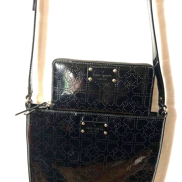 Kate Spade Darby Metro Black Patent Leather Slim Crossbody & Matching Wallet-EUC - Picture 1 of 12